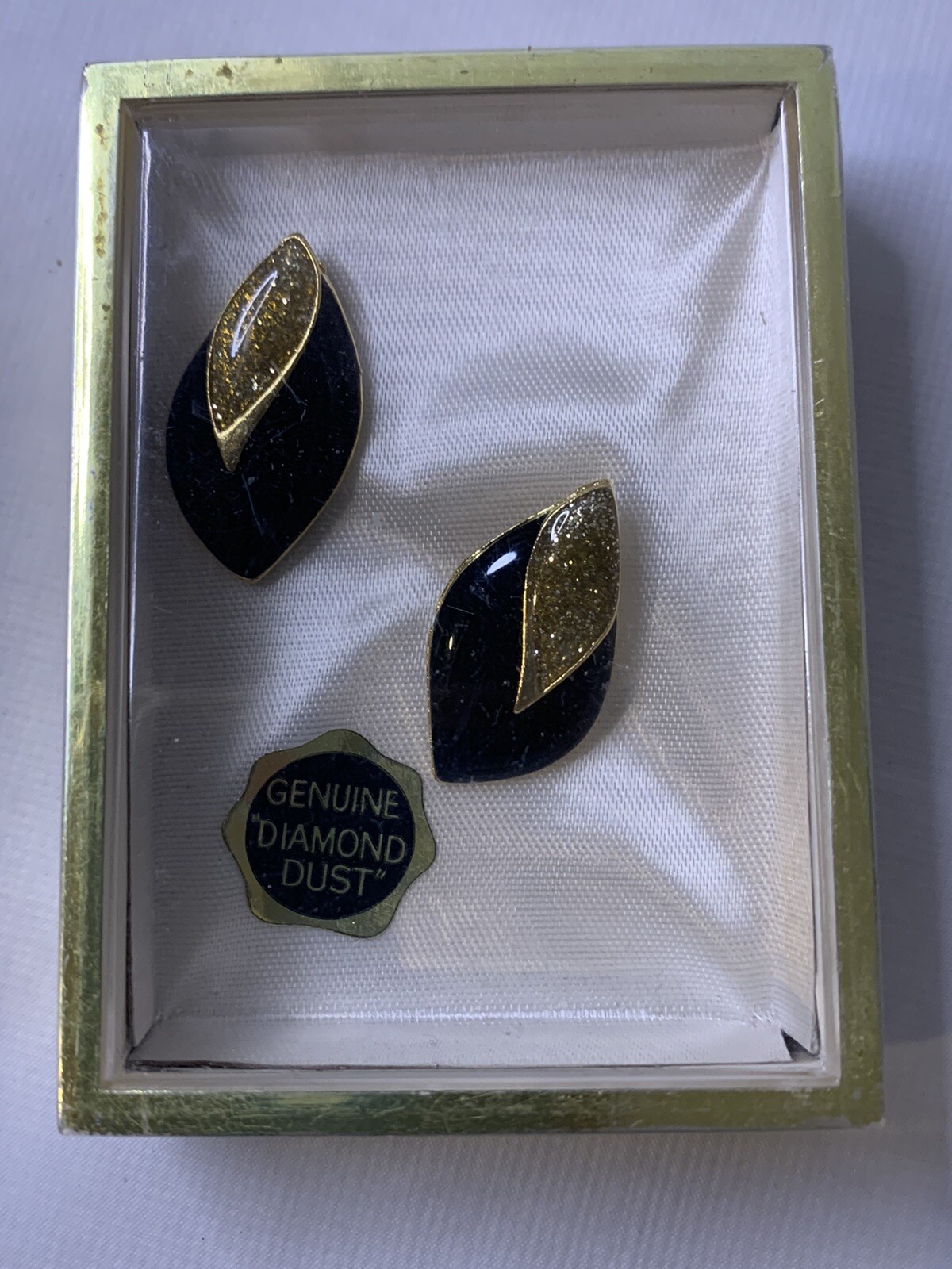 genuine diamond dust earrings new old stock never worn pierced Black gold tone