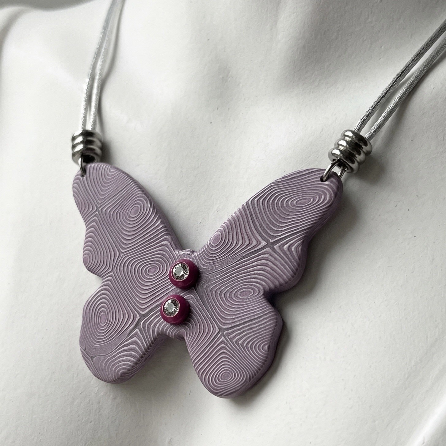 Polymer Clay Purple & Pink Swirl Butterfly Handmade Pendant Necklace Satin Cord