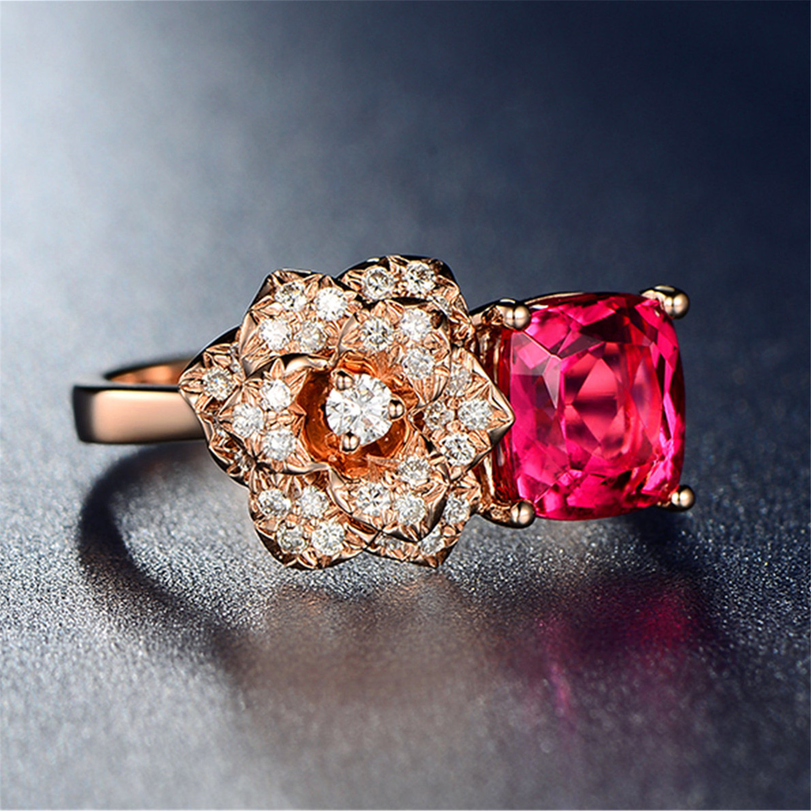 18K Rose Gold Filled Women Rose Red Crystal Flower Rings Men Rings J011