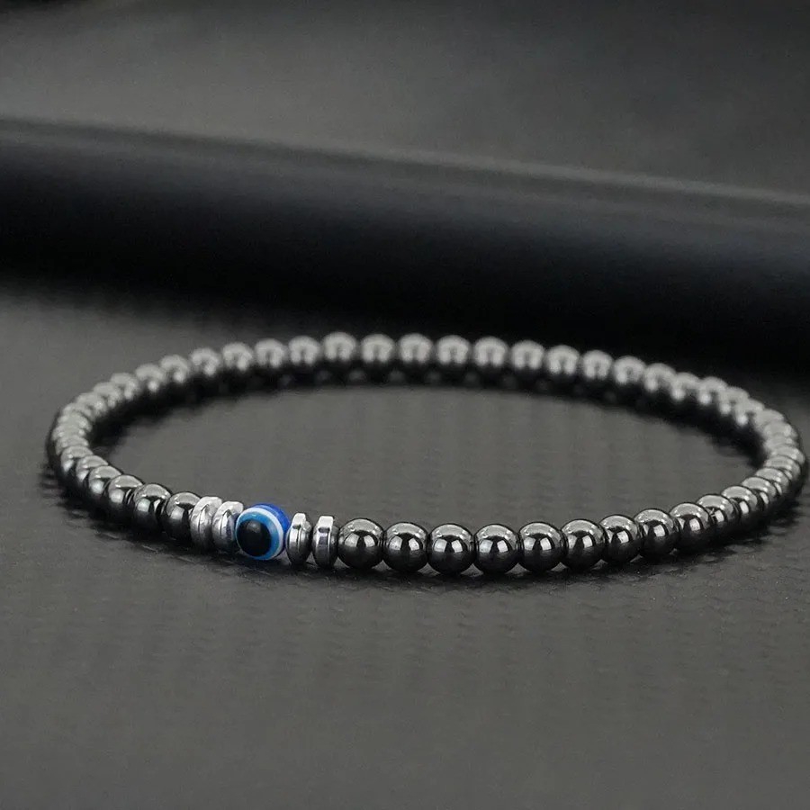 Natural Black Tourmaline Evil Eye 4mm Beads Empath Protection Stretch Bracelet