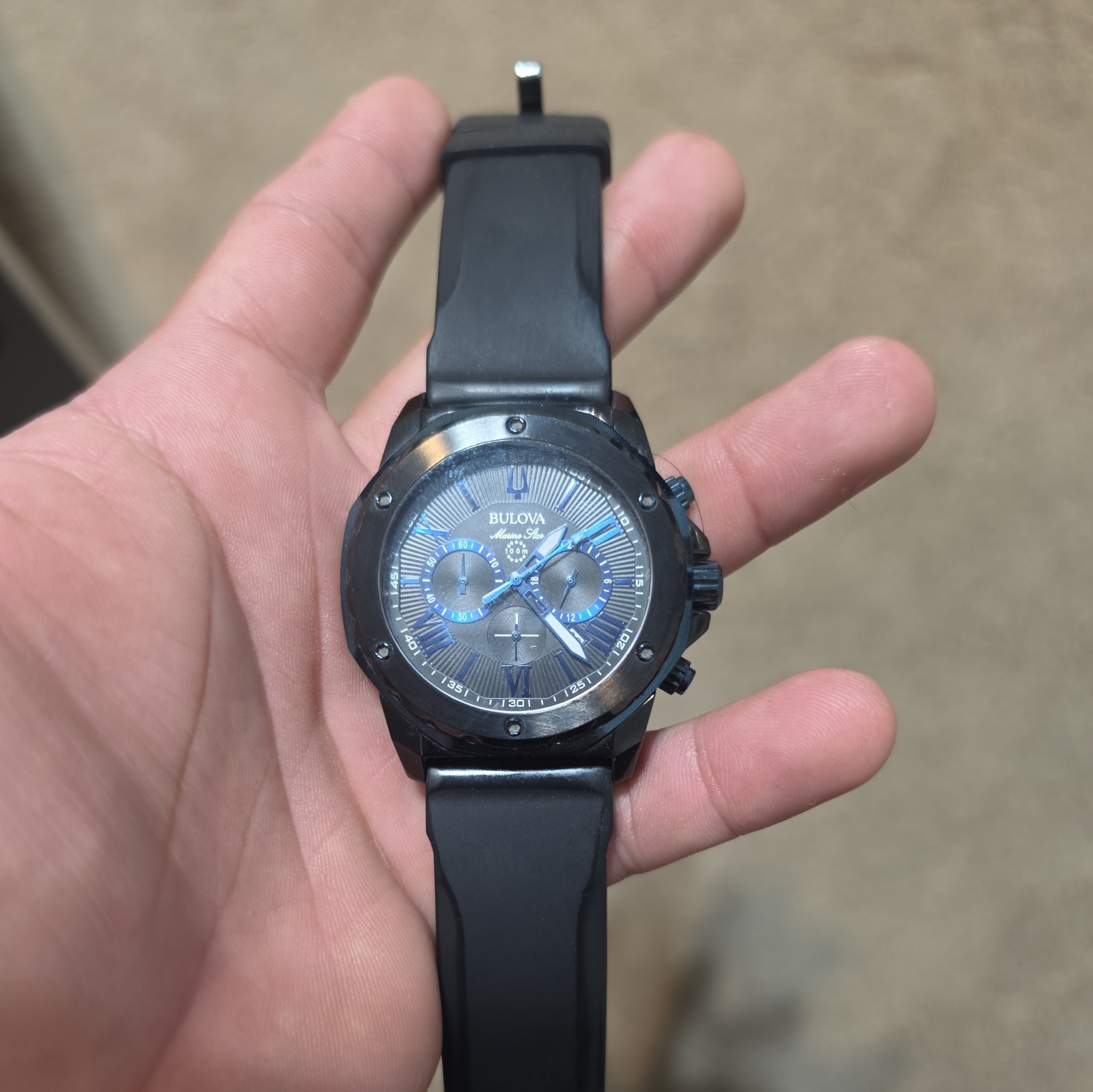 Bulova Marine Star 98B308 44mm Quartz Chronograph Black Steel Men Watch