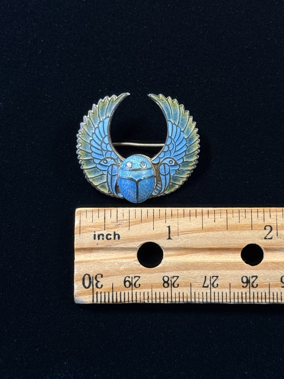 Antique Winged Scarab 800 Silver Brooch Pin Egyptian Revival Plique A Jour #885