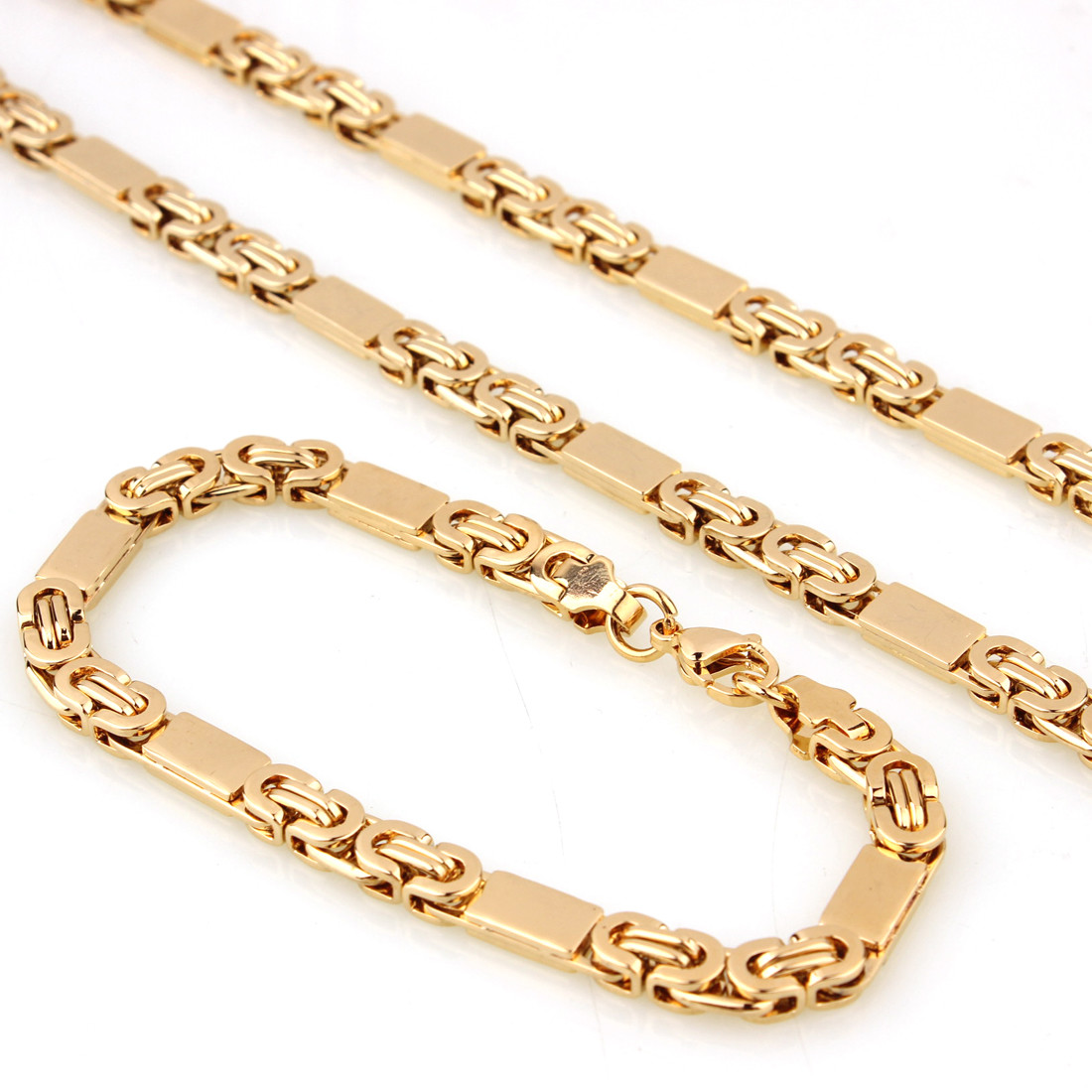 Mens Chain Stainless Steel 18K Gold Tone Byzantine Link Necklace Bracelet Set