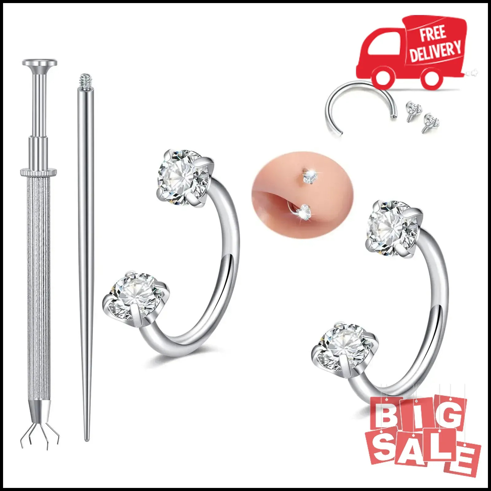 MODRSA Nose Rings 20g Hoops A32-Silver Horseshoe ring 2pcs