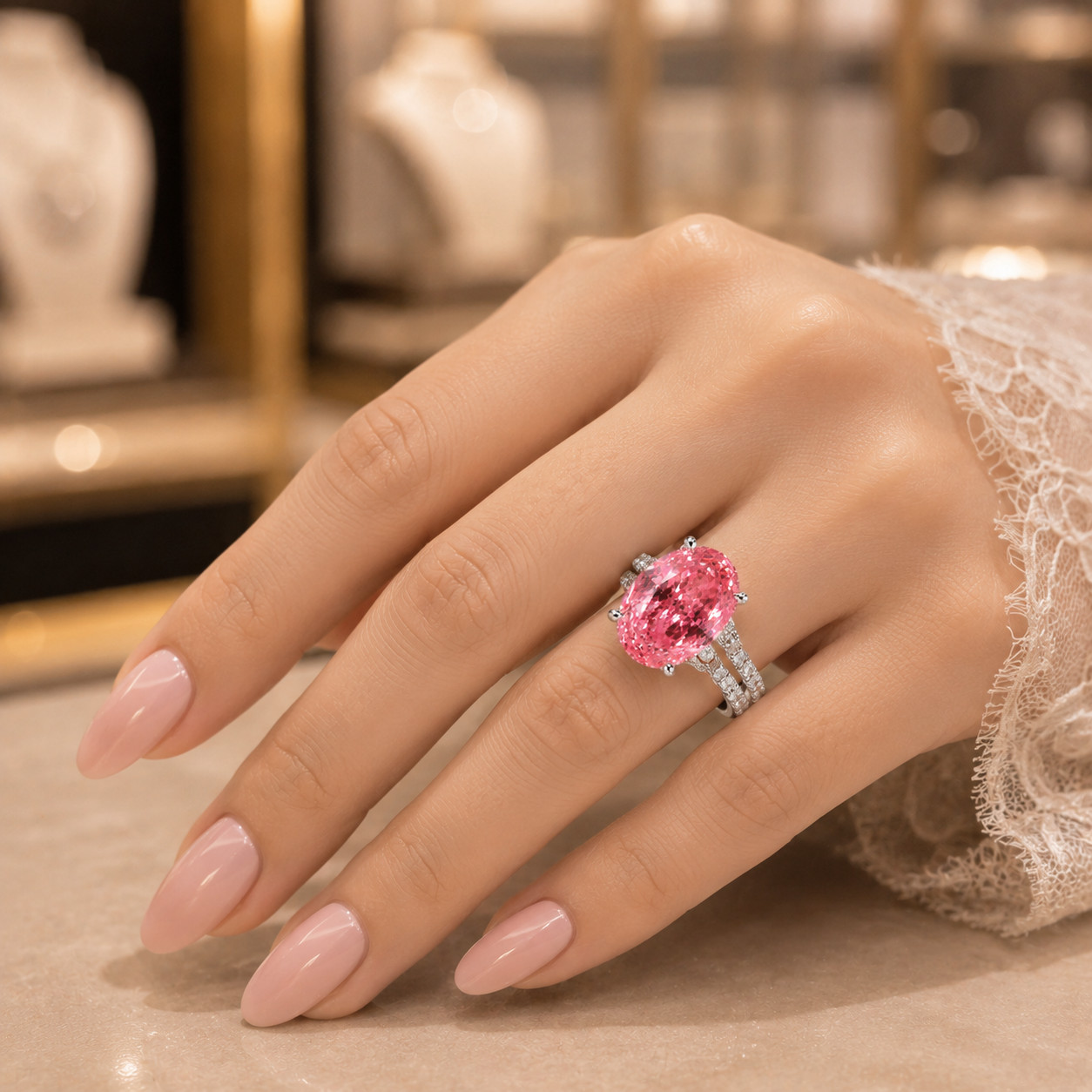 Natural Pink Sapphire & Diamond Wedding Gift Ring 14k White Gold 6 (Import Free)