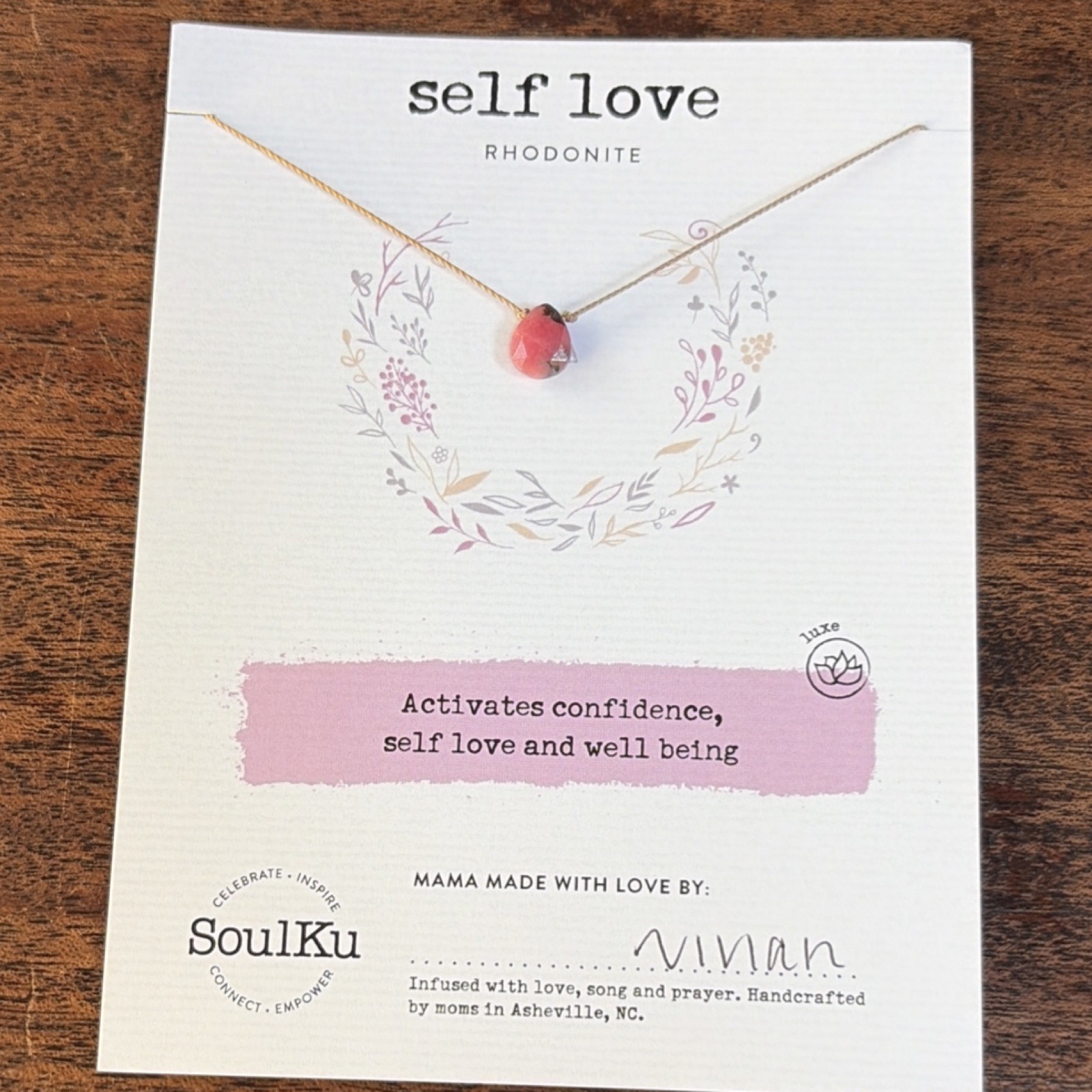 SoulKu Handcrafted Pink Rhodonite Teardrop Necklace -Self Love
