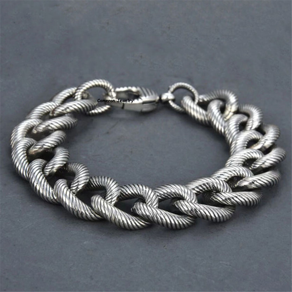 Pure S925 Sterling Silver Bracelet 14mm Feather Curb Link Chain 7.1-8.7inch