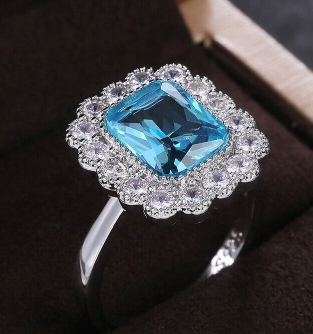 2.5 Ct Simulated Aquamarine Silver Plated Aesthetic Vintage Style Women Ring