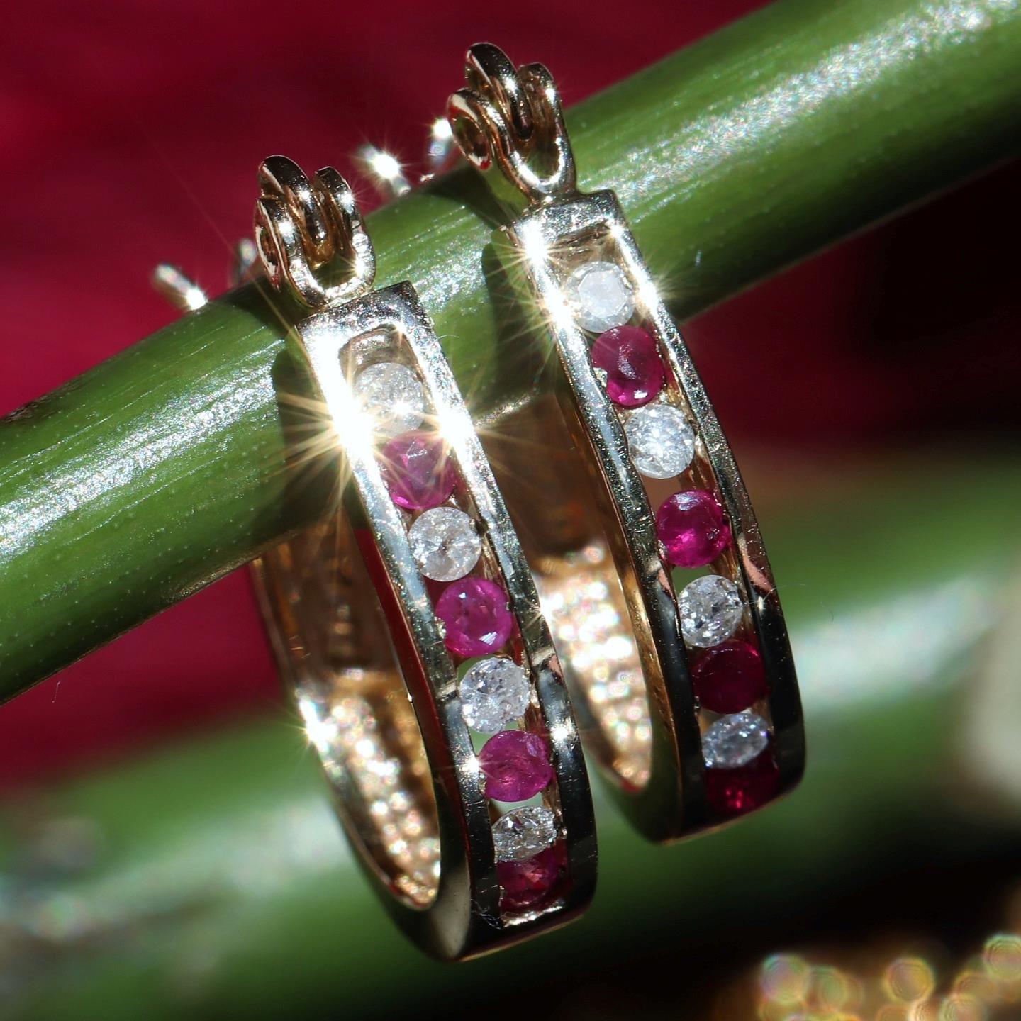 10k yellow gold earrings 0.27ct natural, treated ruby diamond hoop 2.20gr N3634