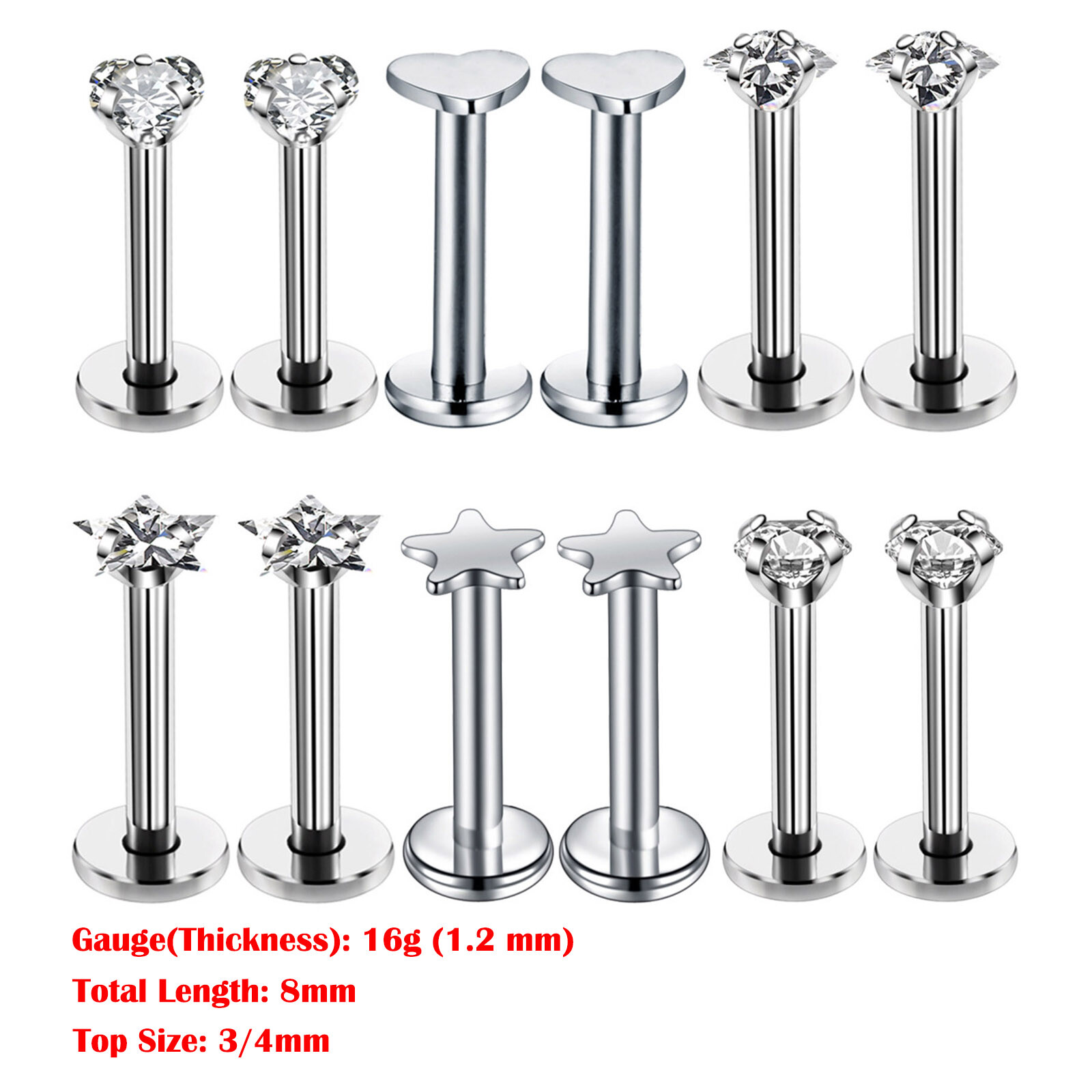 4-24pcs CZ Gems Labret Monroe Lip Rings Helix Tragus Earring Studs 16G Piercing