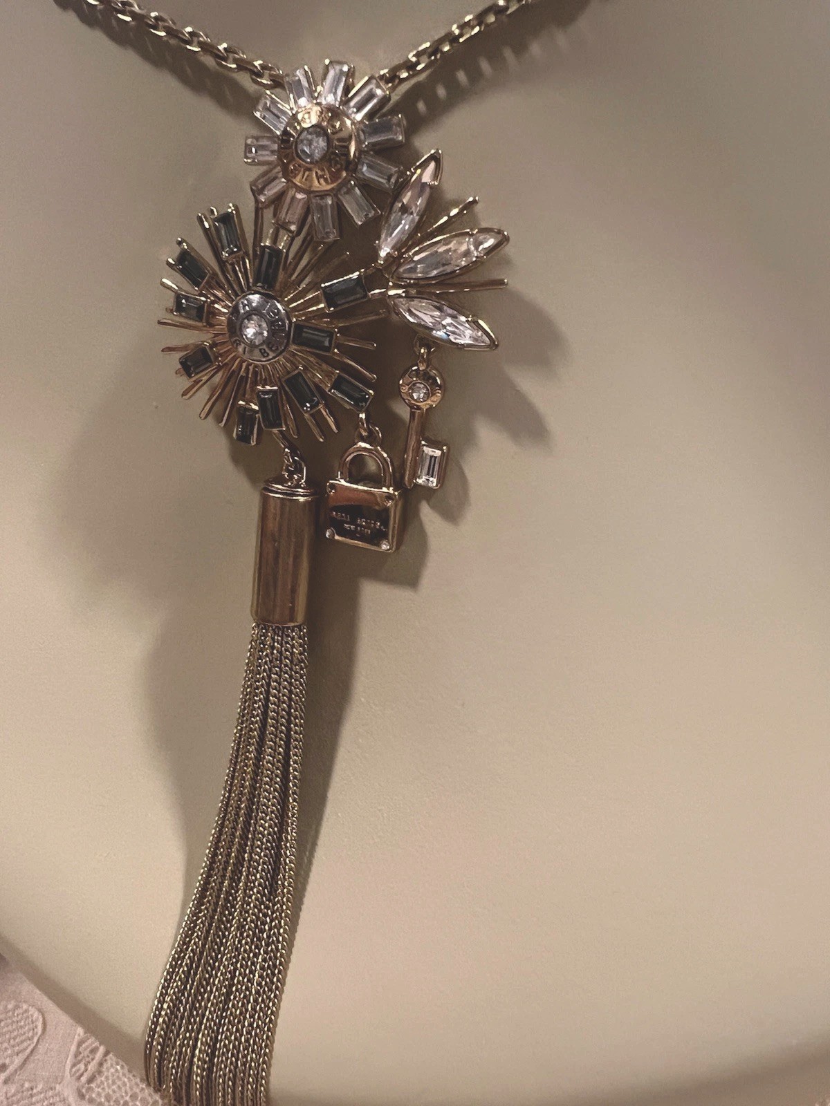 Henri Bendel 712 NY Crystal Padlock Key Statement Tassel Necklace Long 32″