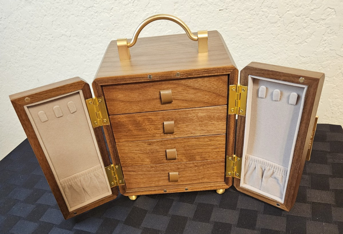 Black Walnut Wooden Jewelry Organizer With Painted Mirror Doors & Brass Handles