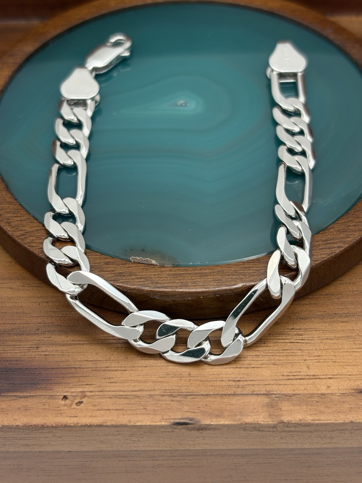 7MM STERLING SILVER FIGARO LINK CHAIN BRACELET 7 INCH 11.9G RHODIUM FINISH 925
