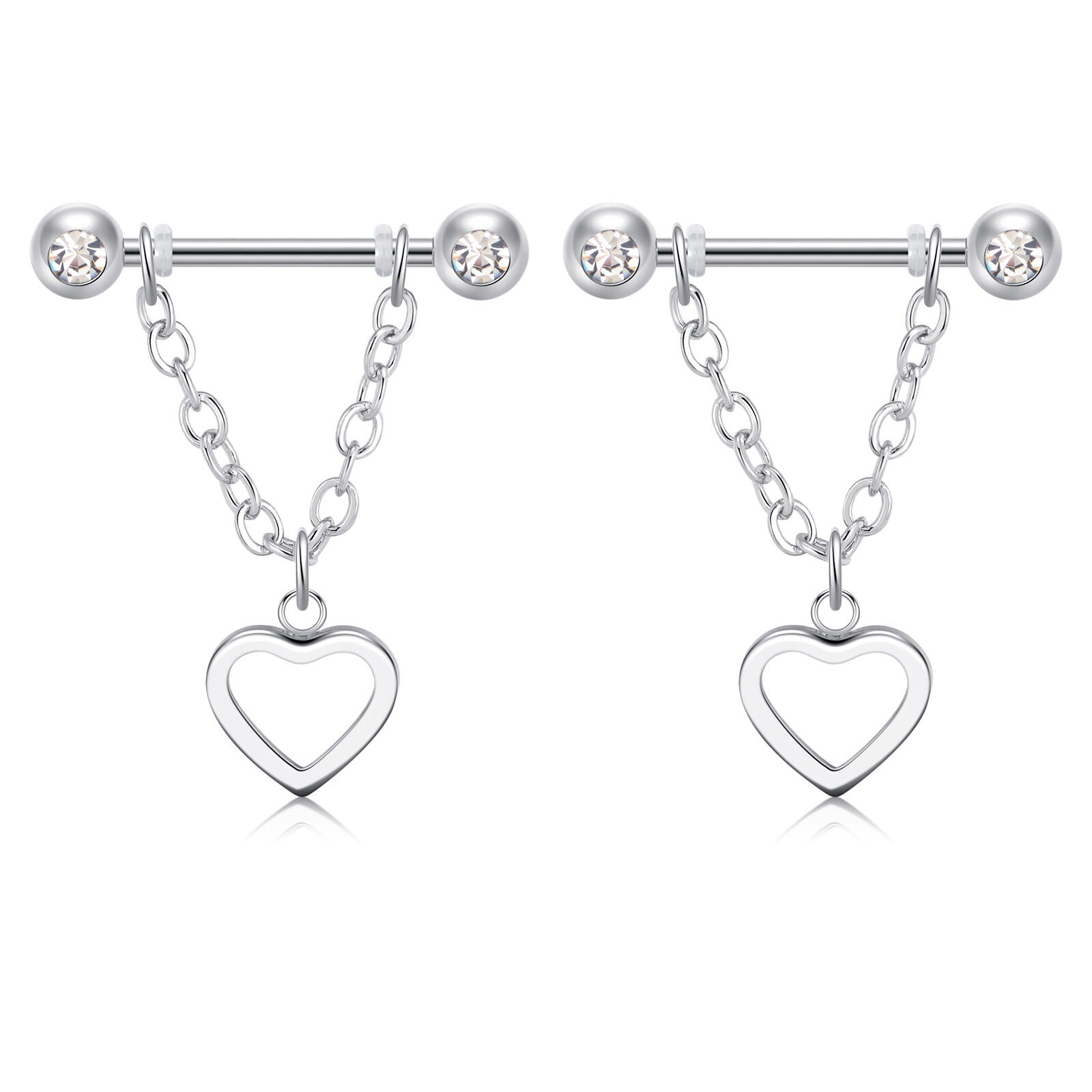Pair Surgical Steel Nipple Shield Chain Dangle Barbell Straight Tongue Rings 14G