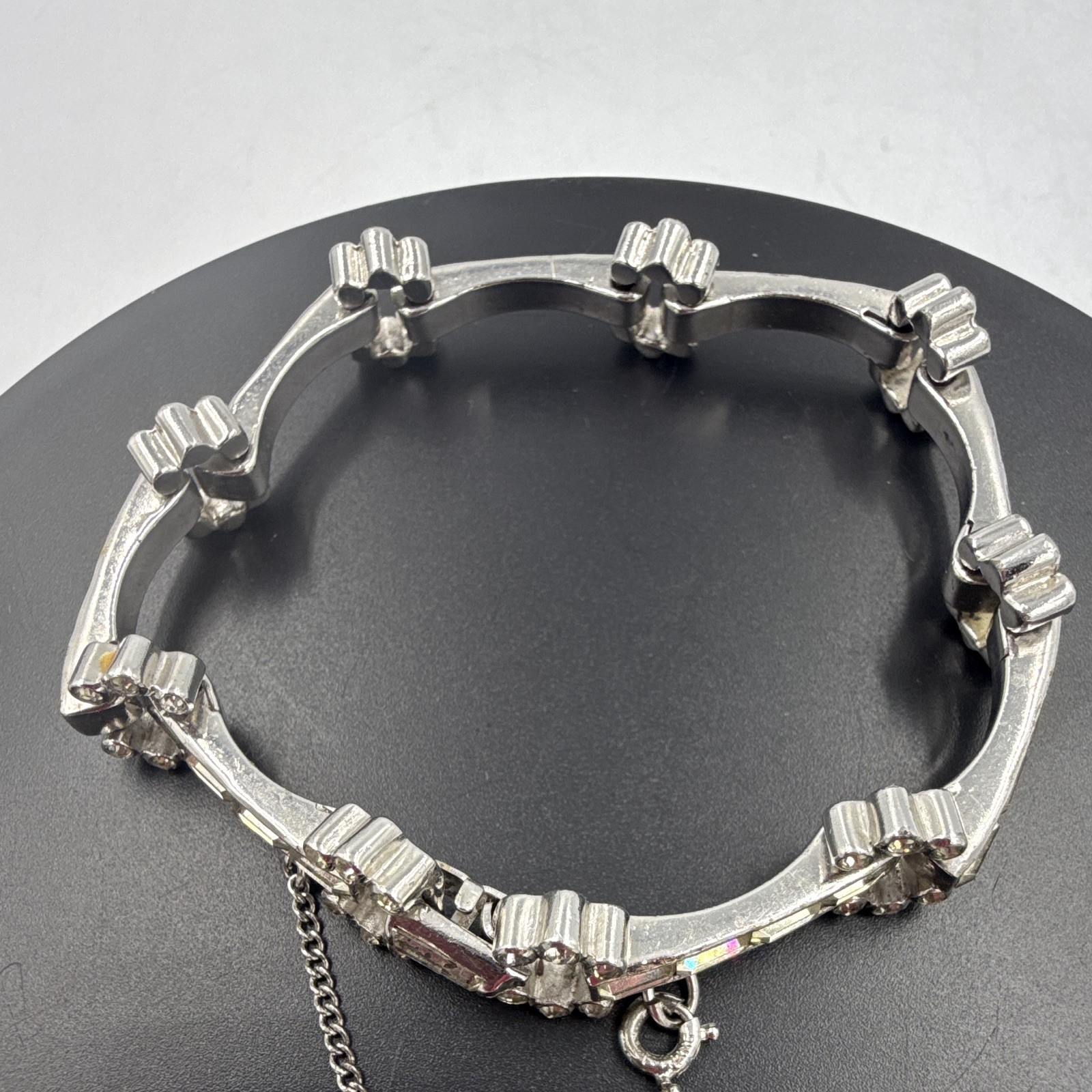 Silver Tone Round Clear Crystal link Bracelet Safety Chain Box Clasp