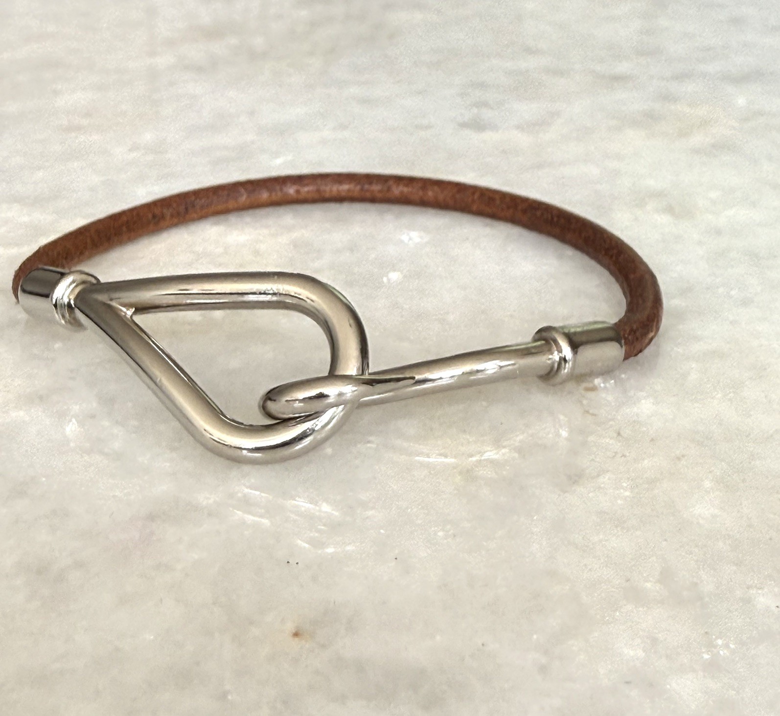 Hermès Palladium Plated Jumbo Hook Bracelet on Brown Leather cord
