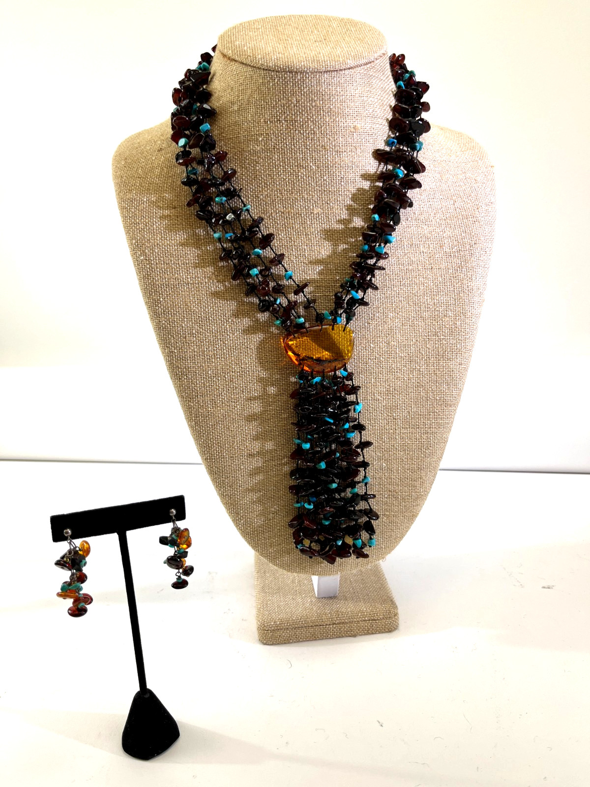 VTG Amber & Turquoise Nugget Chunky Beaded Stone Necklace 32″ Earrings Set DS51