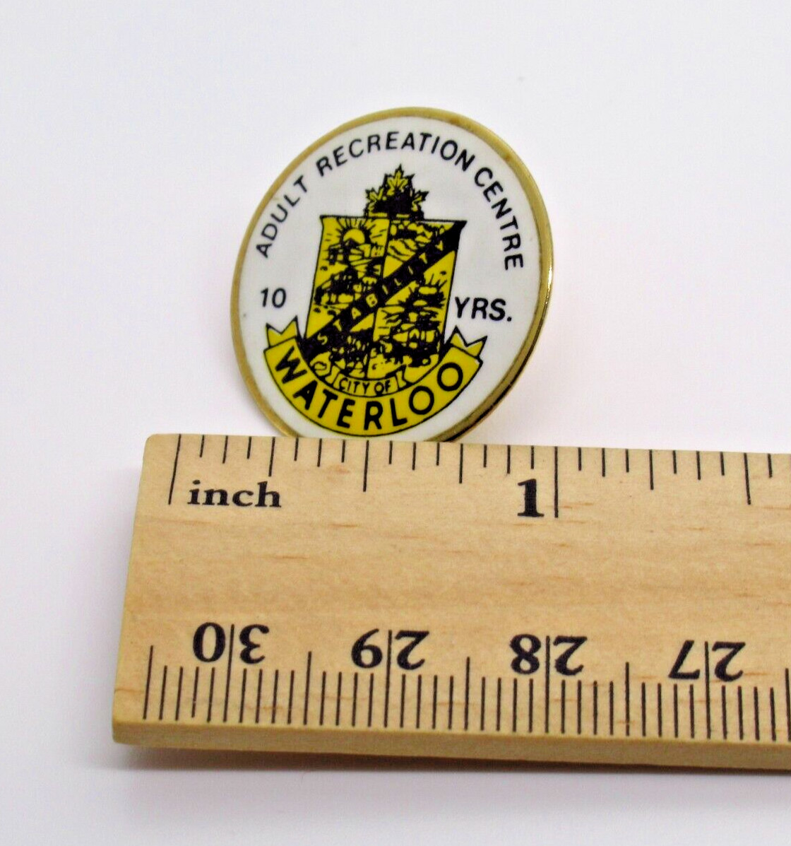 Vintage City of Waterloo Lapel Pin Adult Recreation Centre 10 Years Badge