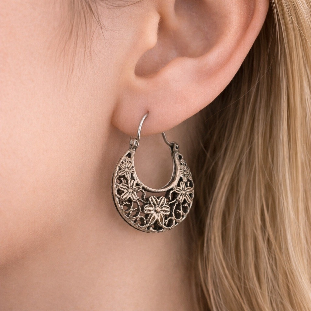 Silver Floral Filigree Crescent Hoop Earrings Boho Vintage Style Latch Back