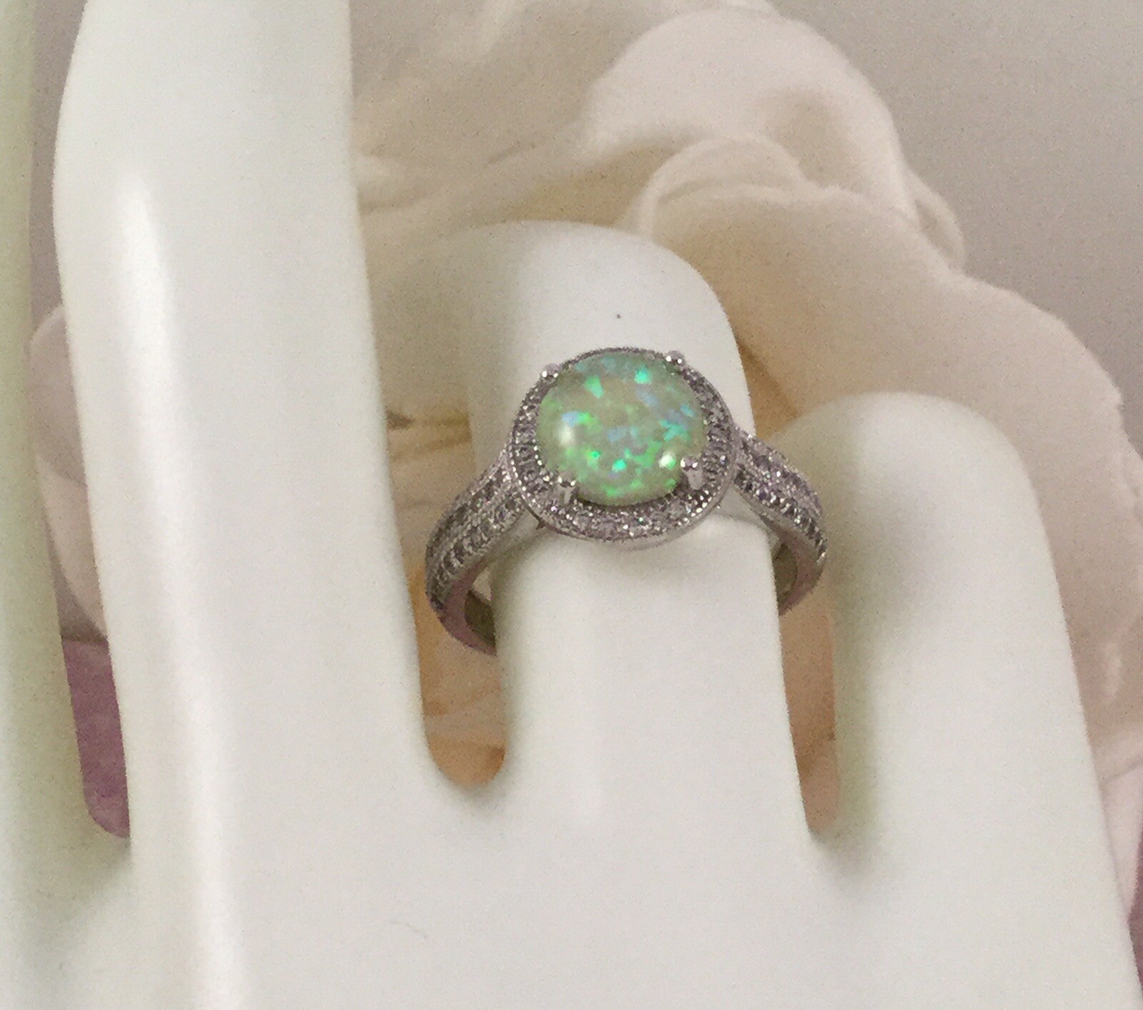 Vintage Jewellery Gold Ring Opal White Sapphires Antique Deco Jewelry large 9