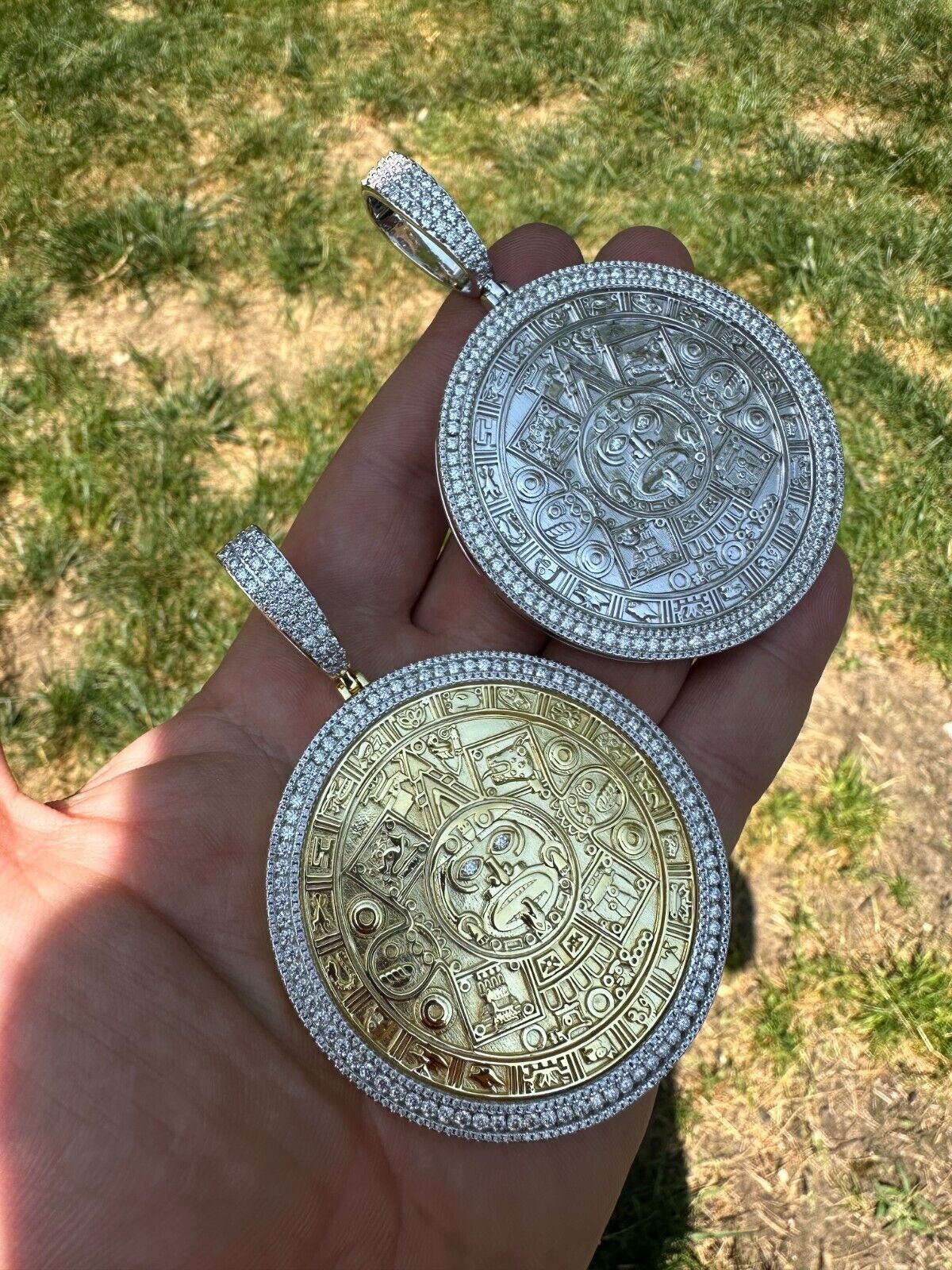 HUGE Moissanite Aztec Calendar Mayan Sun God Iced 925 Silver Pendant Necklace