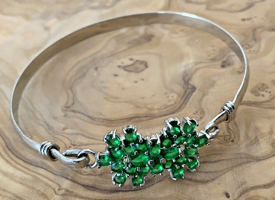 Green Emerald Glass Floral Bangle Bracelet, 925 Sterling Silver, 2.8 in W