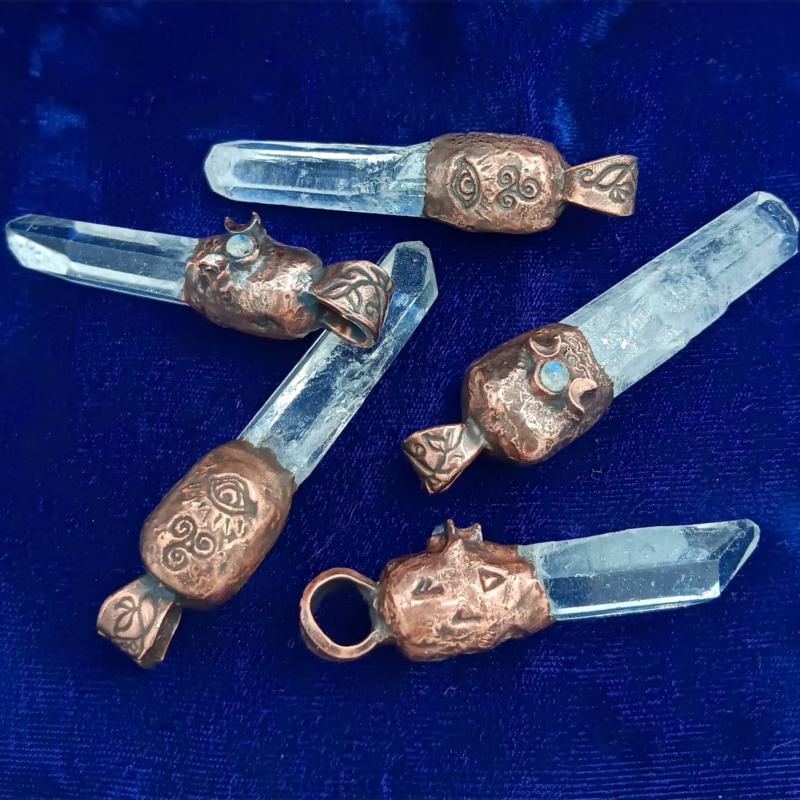 Clear Quartz Copper Pendant ONLY – No Chain – Triple Moon Rune Amulet Handmade