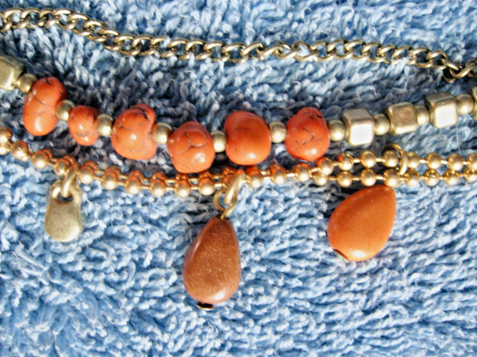 “T” Logo FLOATING 3 STRAND Orange Turquoise Beaded Necklace; Chain; Cord Lobster