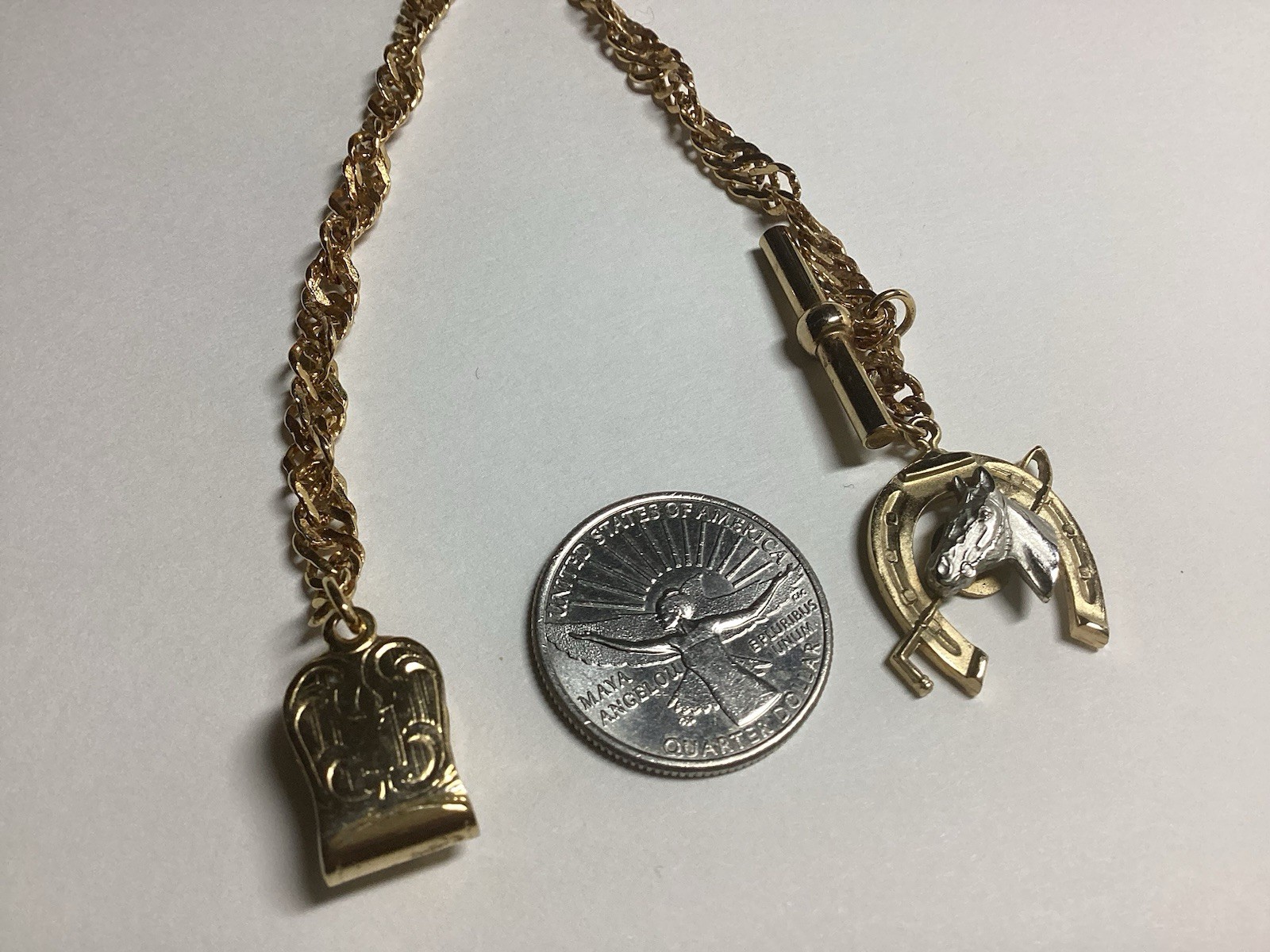 Bright Gold Watch Chain Horse Shoe Whip Silver Tone Horse Fob Vintage Free Ship