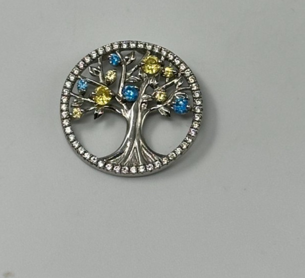 Tree of Life Sterling Silver Pendant 925 Green Blue Stone Round Family