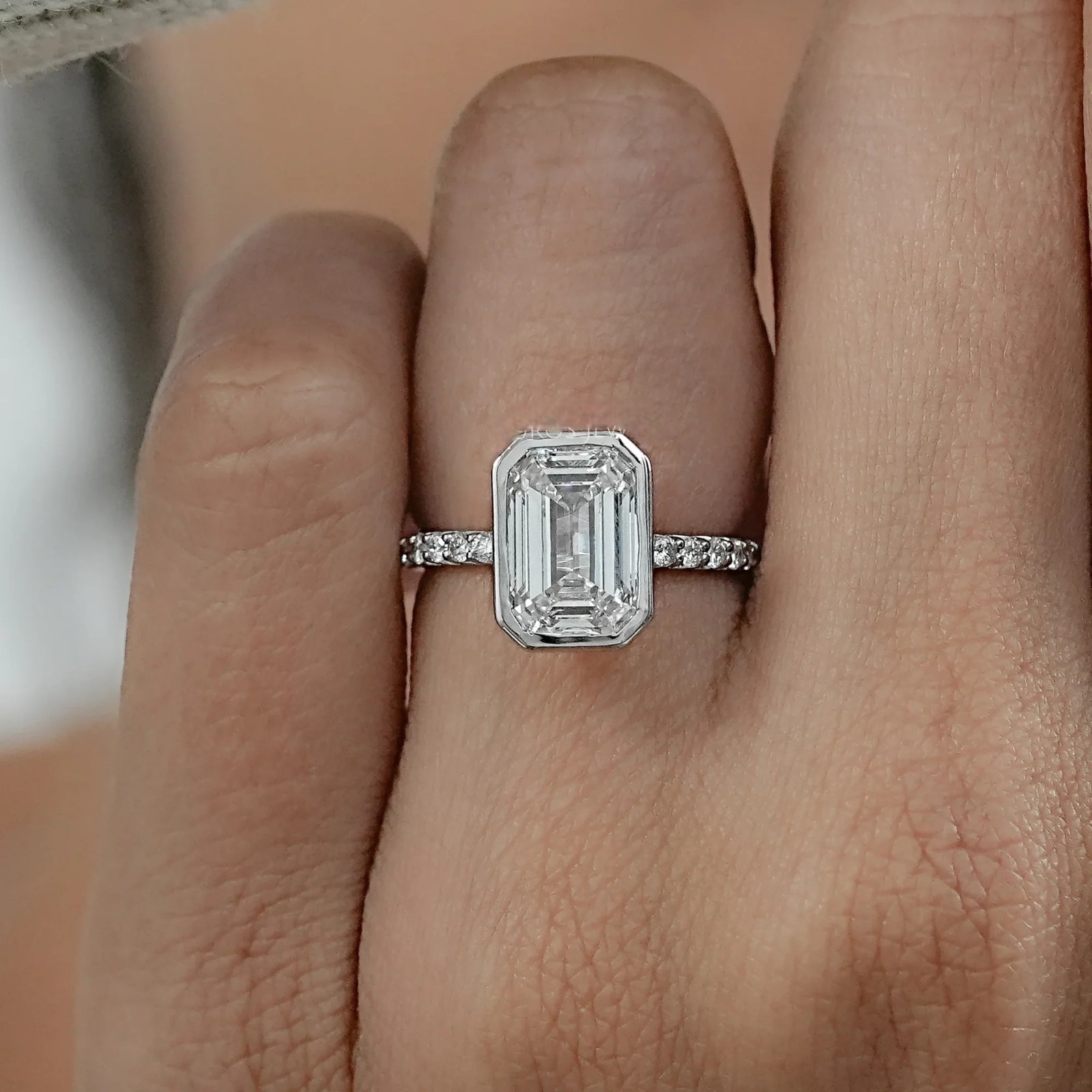 4.20Ct Emerald-Cut EF/VS1 Lab Grown Diamond Bezel Wedding Ring 14K White Gold