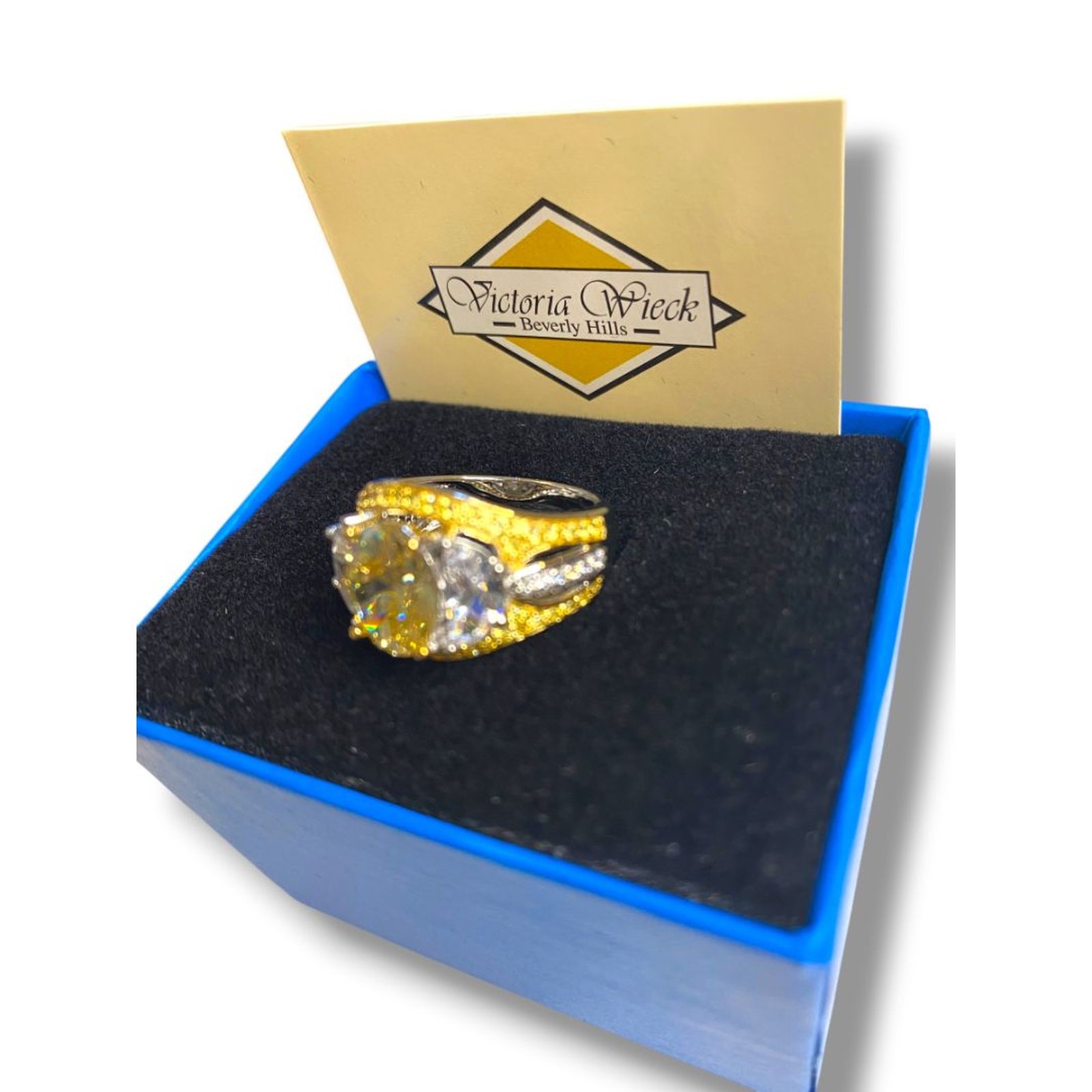 Size 6.5 Victoria Wieck PAJ Vermeil Yellow & Clear CZ Three Stone Cocktail