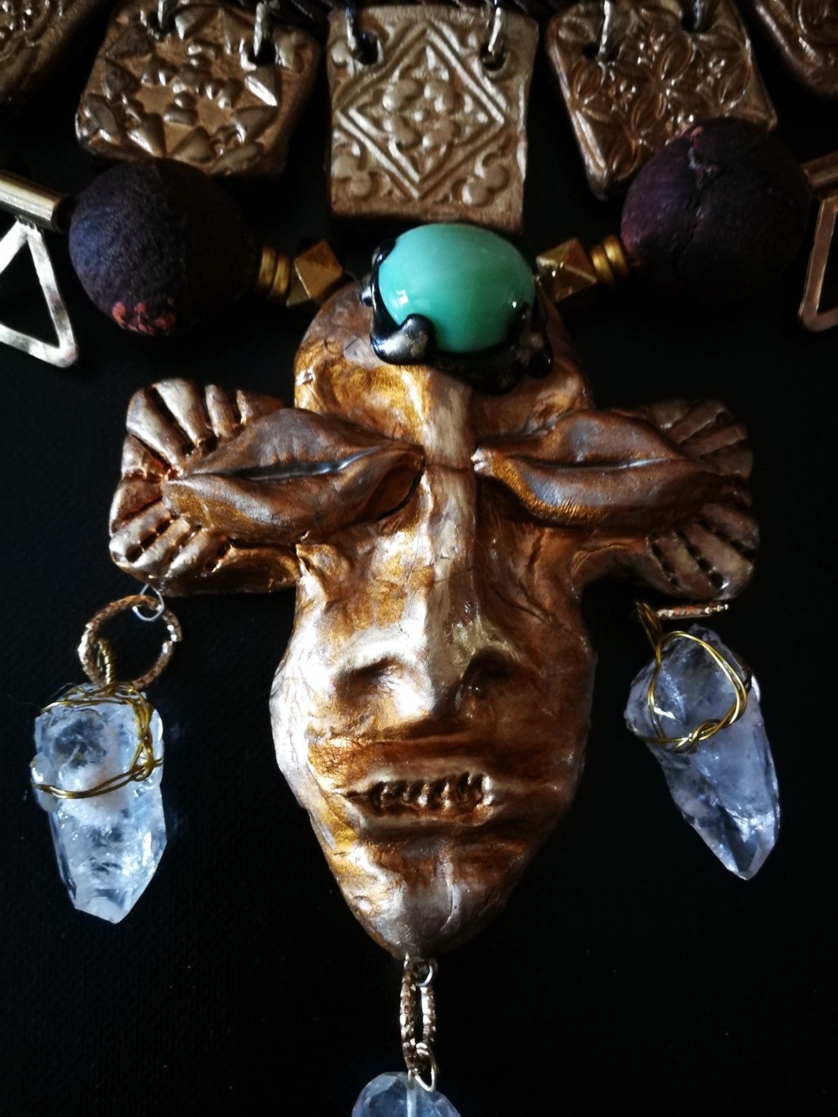 Statement Luxury Necklace Jewelry Pendant Tribal Mask Sculpture Horn & Gemstone