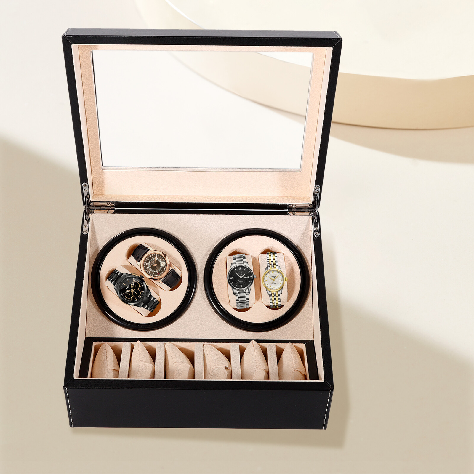 4+6 Automatic Rotation Watch Winder Display Case Wooden Storage Box US