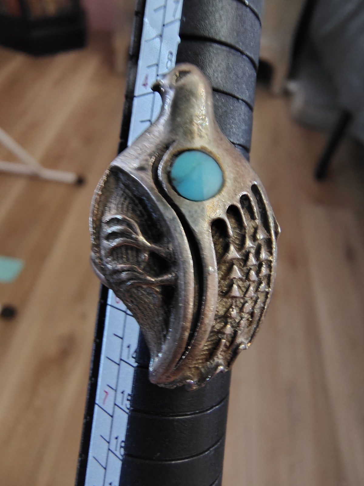 Navajo Quail Ring Sterling Silver with Inlaid Turquoise Size 5.5