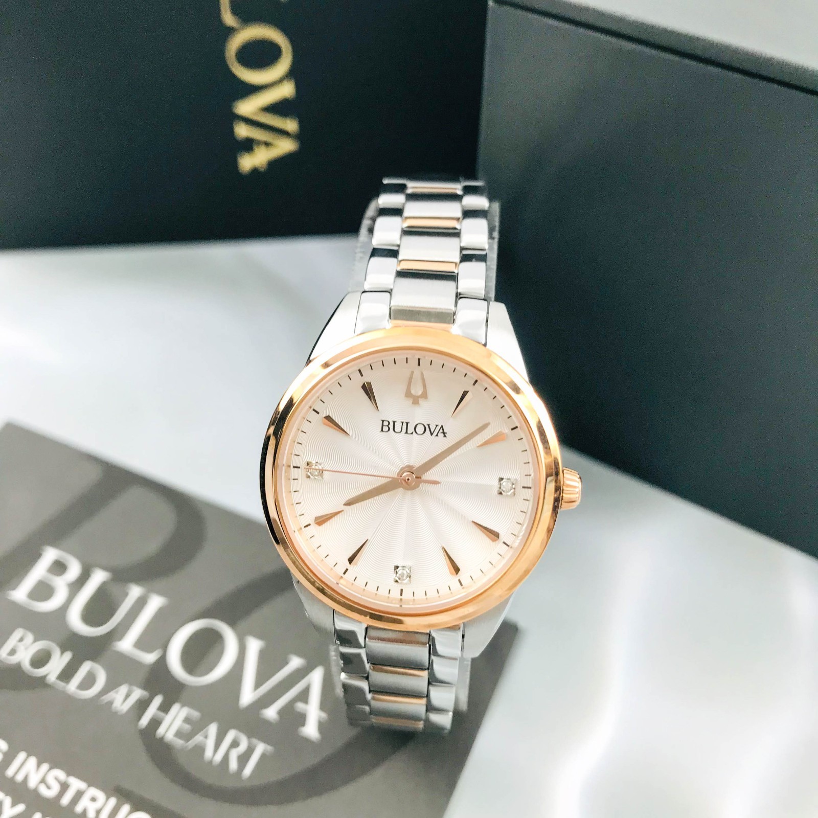 Bulova Sutton 98P200 Ladies White Dial Diamonds Quartz Gold/Steel Watch 28mm