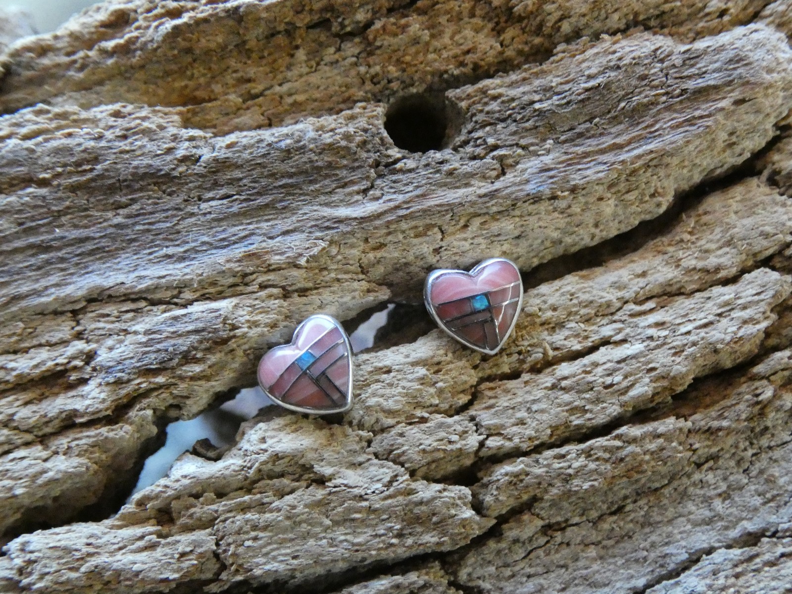 Pink Conch Shell & Opal Sterling Silver Gemstone Heart Small Post Earrings BF24