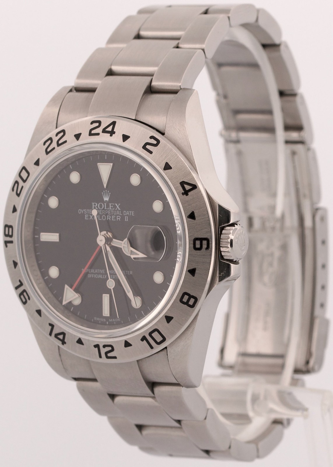 Rolex Explorer II BLACK Stainless Steel Red 40mm Rehaut NO-HOLES 16570 Watch