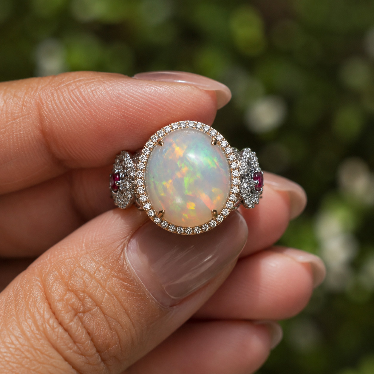 4Ct Oval Cut Lab-Created Fire Opal Halo Engagement Ring 14K White Gold Plated