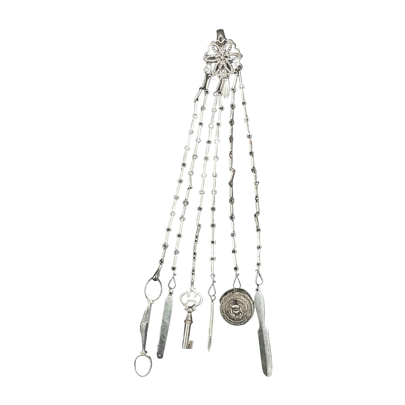 Chatelaine Antique Silver Metal 15” Scissors Key Locket Blades W. Lund