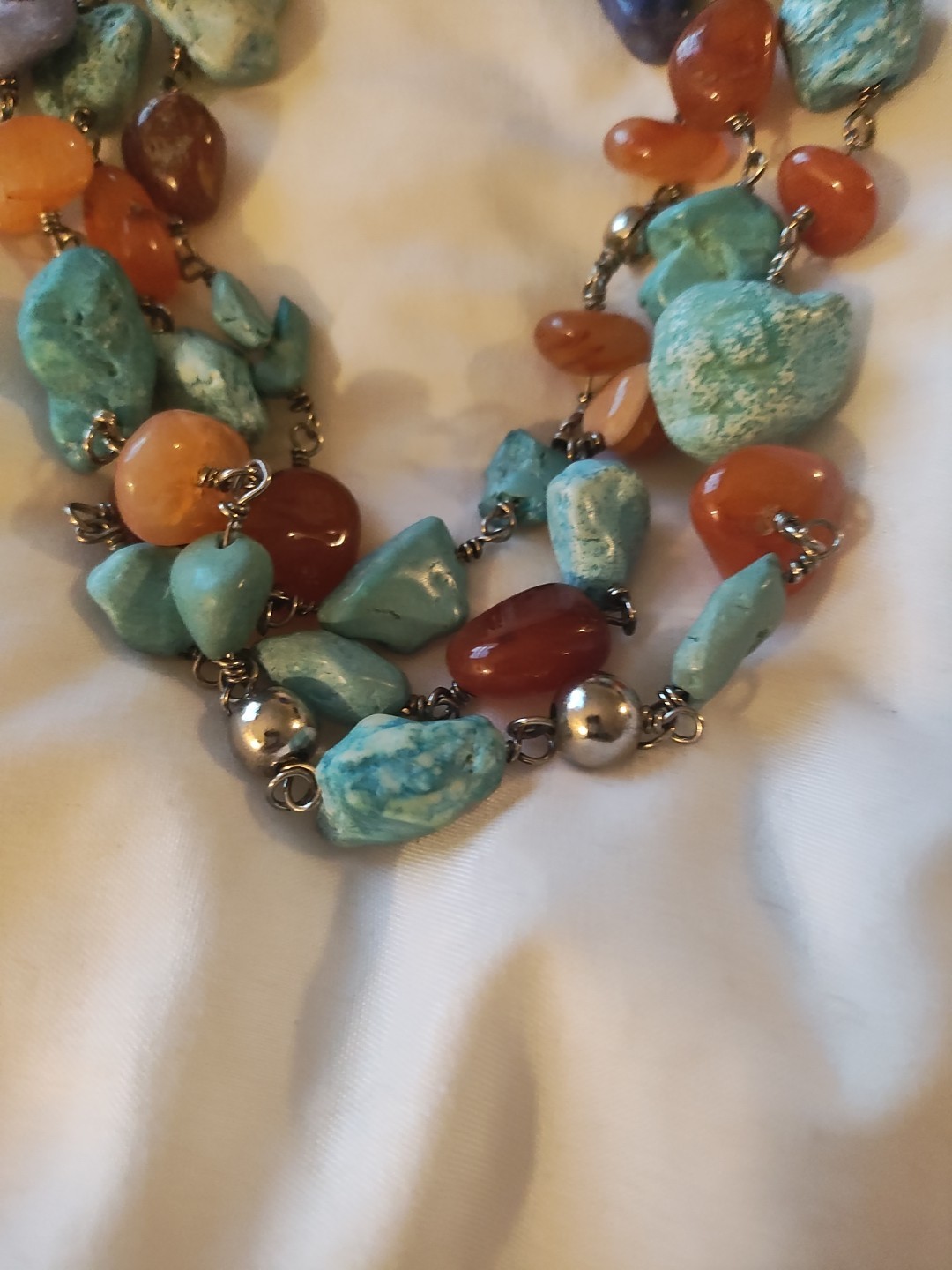 Artisan Amber & Turquoise 19″ 3 Strand Rock Necklace/ Earrings Southwest. Read