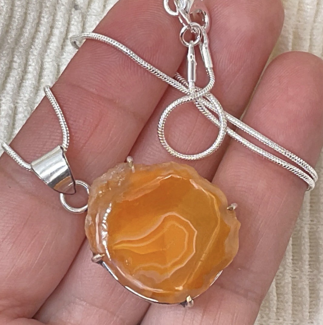 Sterling Silver plated Carnelian Agate Slice Pendant Necklace
