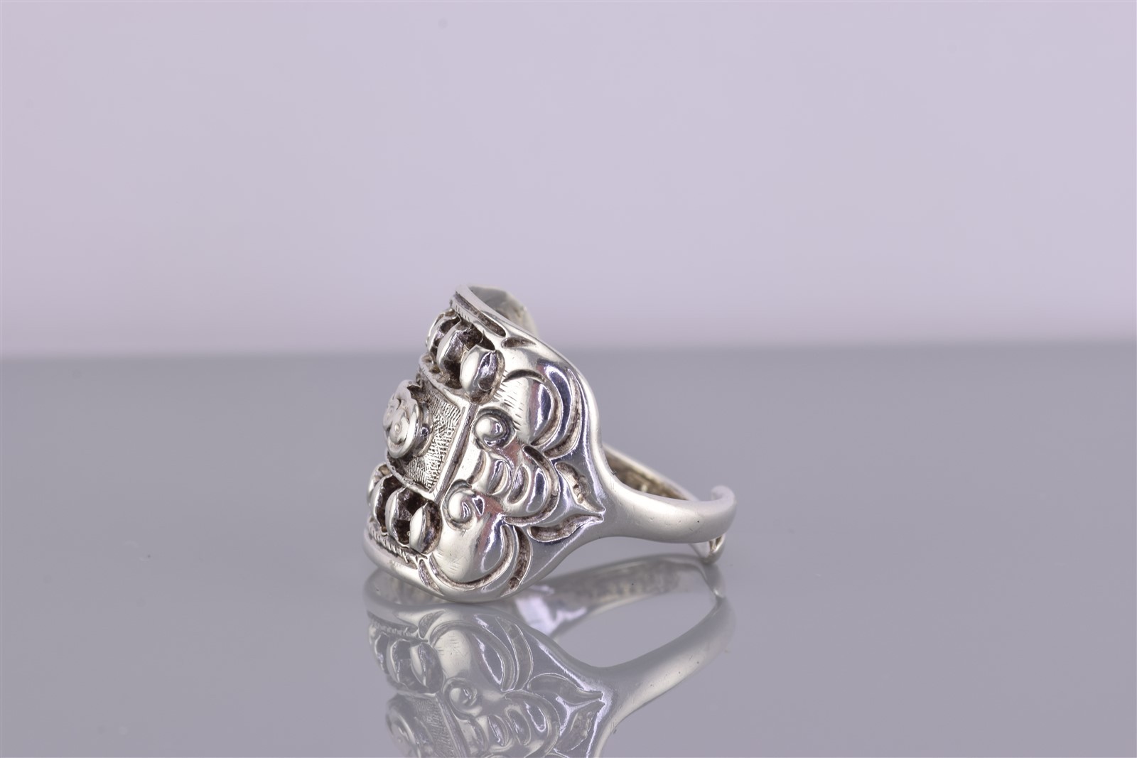 Sterling Silver Ornately Detailed Shield Split Band Ring 925 Adj Sz: 8