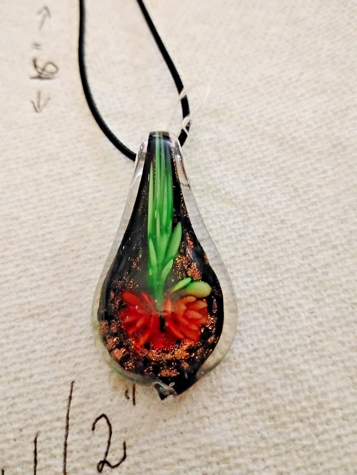 Hand Blown Murano Style Glass,Green Mix Pendant Necklace oblong,2 1/2″ A8