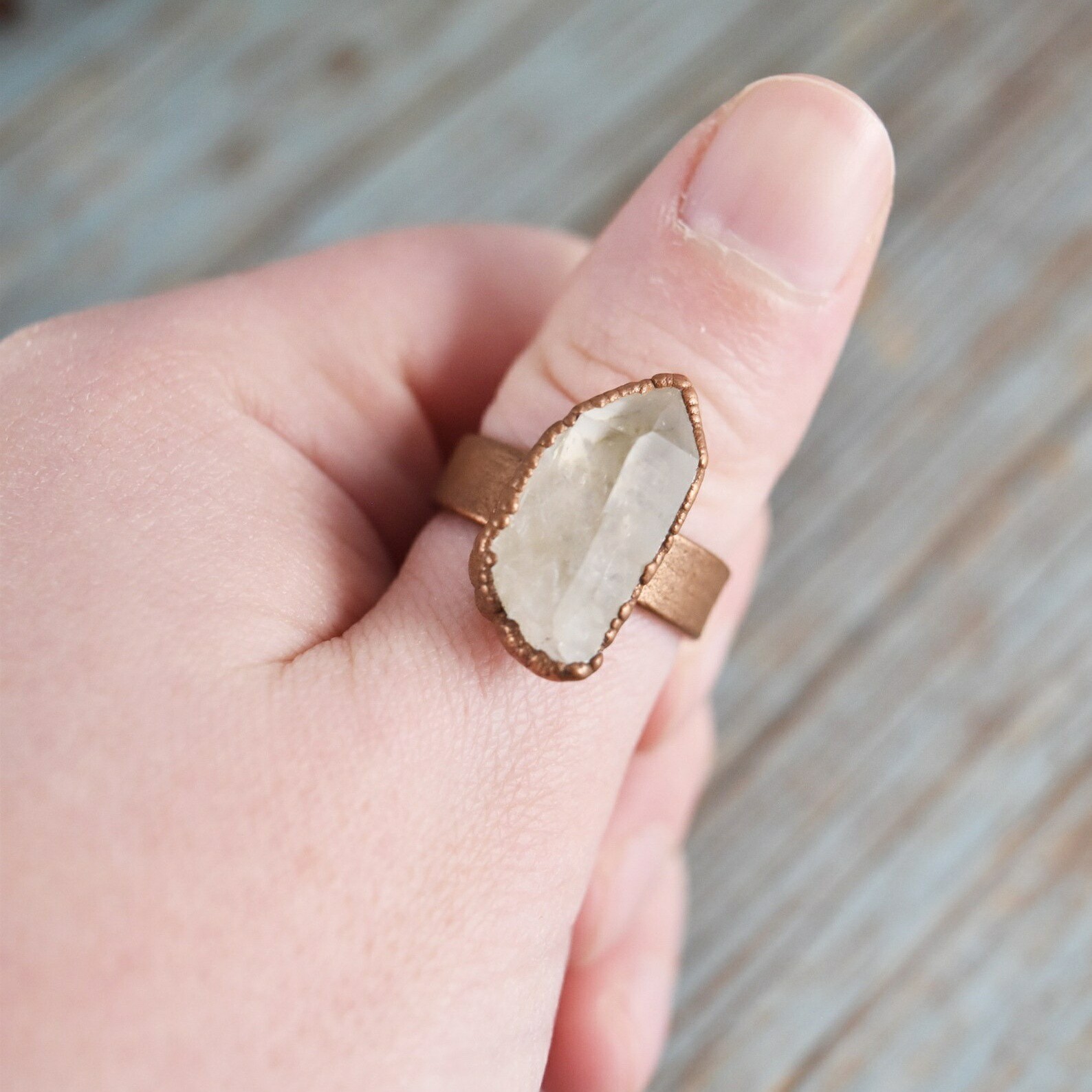Size 8 Raw Crystal Ring, Natural Quartz, Antique Copper, Boho Statement Jewelry