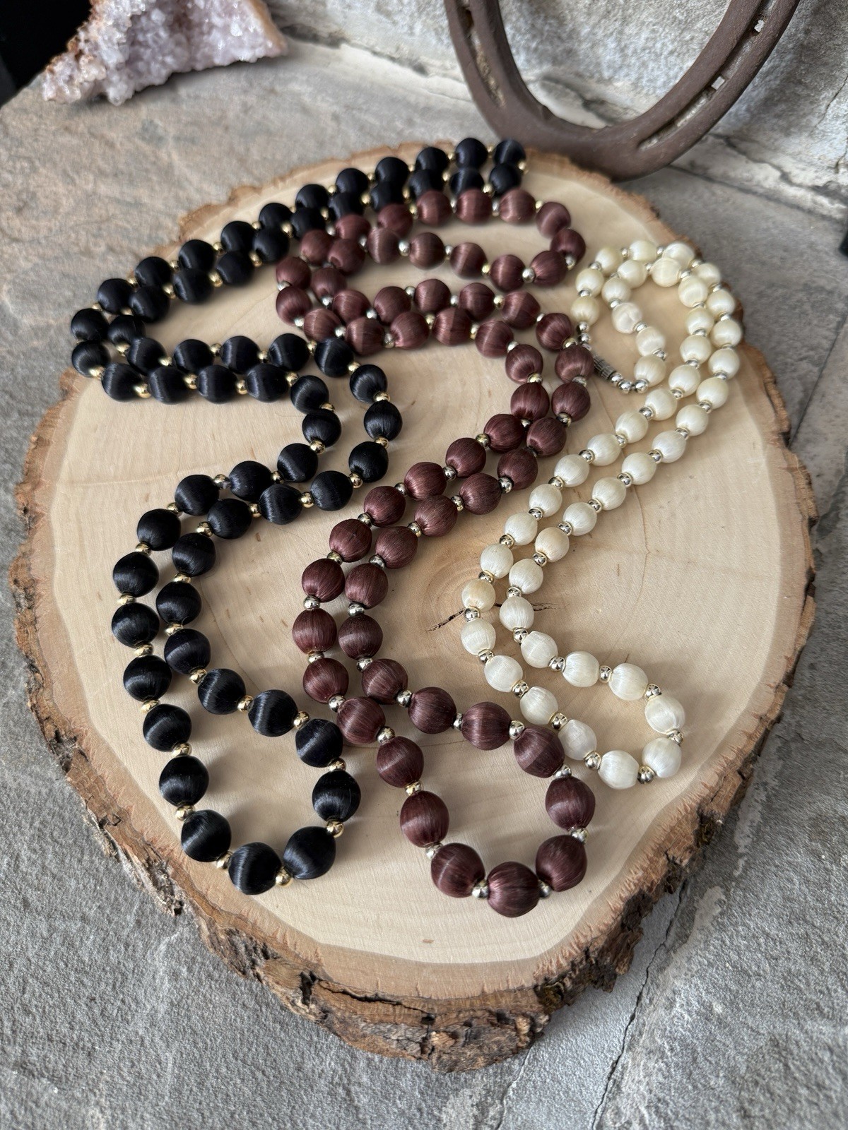 Vintage Multi-Color (Black, Brown and Ivory) Silk Beaded Necklace Set