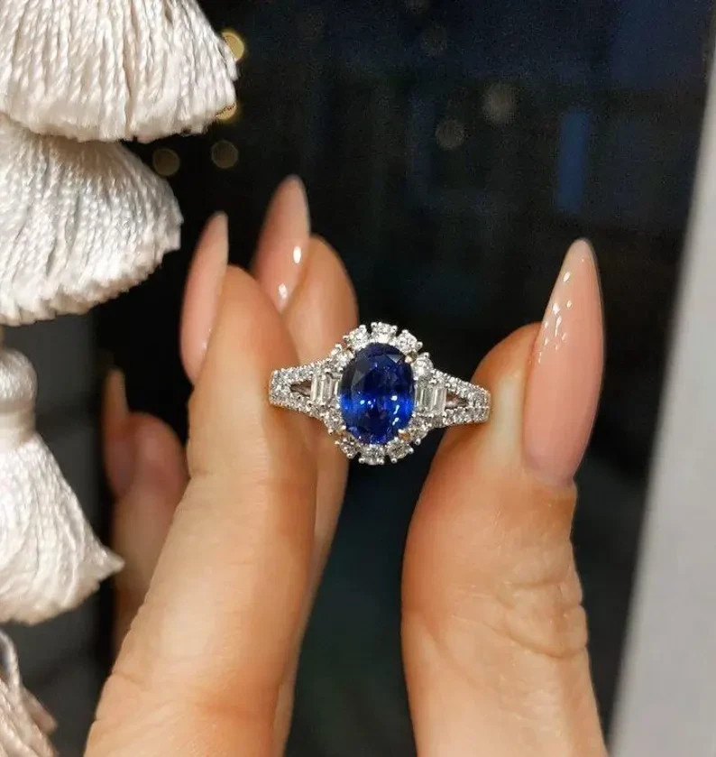 3.10 Ct Oval Natural Sapphire & Diamond Wedding Ring 14K White Gold Size 5