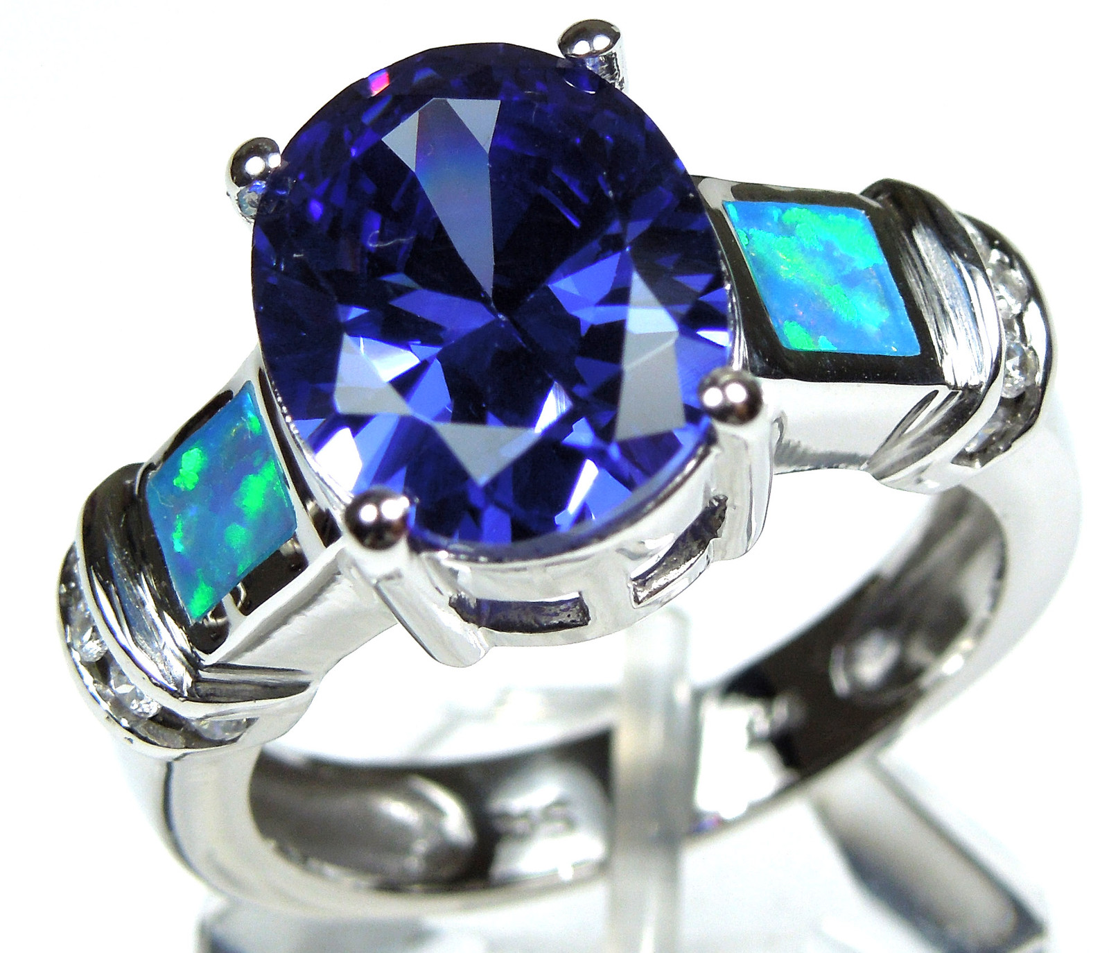 3.85 Carats Tanzanite & Blue Fire Opal Inlay 925 Sterling Silver Ring Sz 6,7,8,9