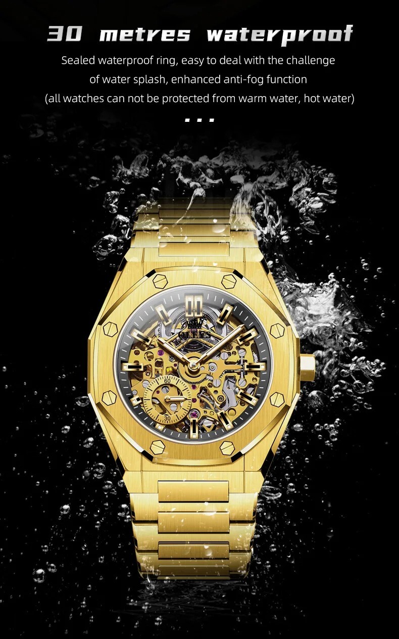 Automatic Mechanical Waterproof Watch Men Luxury OLEVS Skeleton Dial Men’s Strap