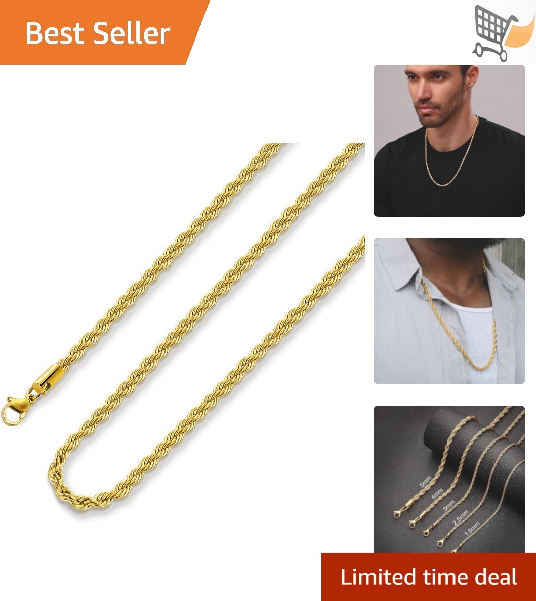 18K Gold Plated Rope Chain Necklace 1.5mm 2.5mm 5mm Stainless Steel